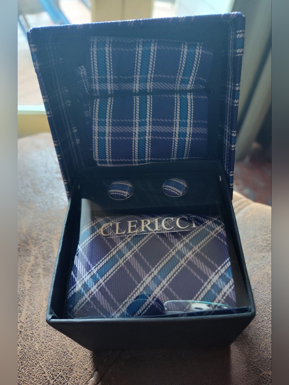 CLERICCI Blue Plaid Necktie Handkerchief and Cufflinks Set